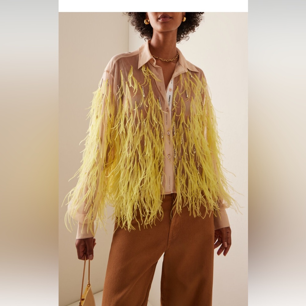 Des Phemmes Nude Tulle Yellow Feather Embellished Shirt